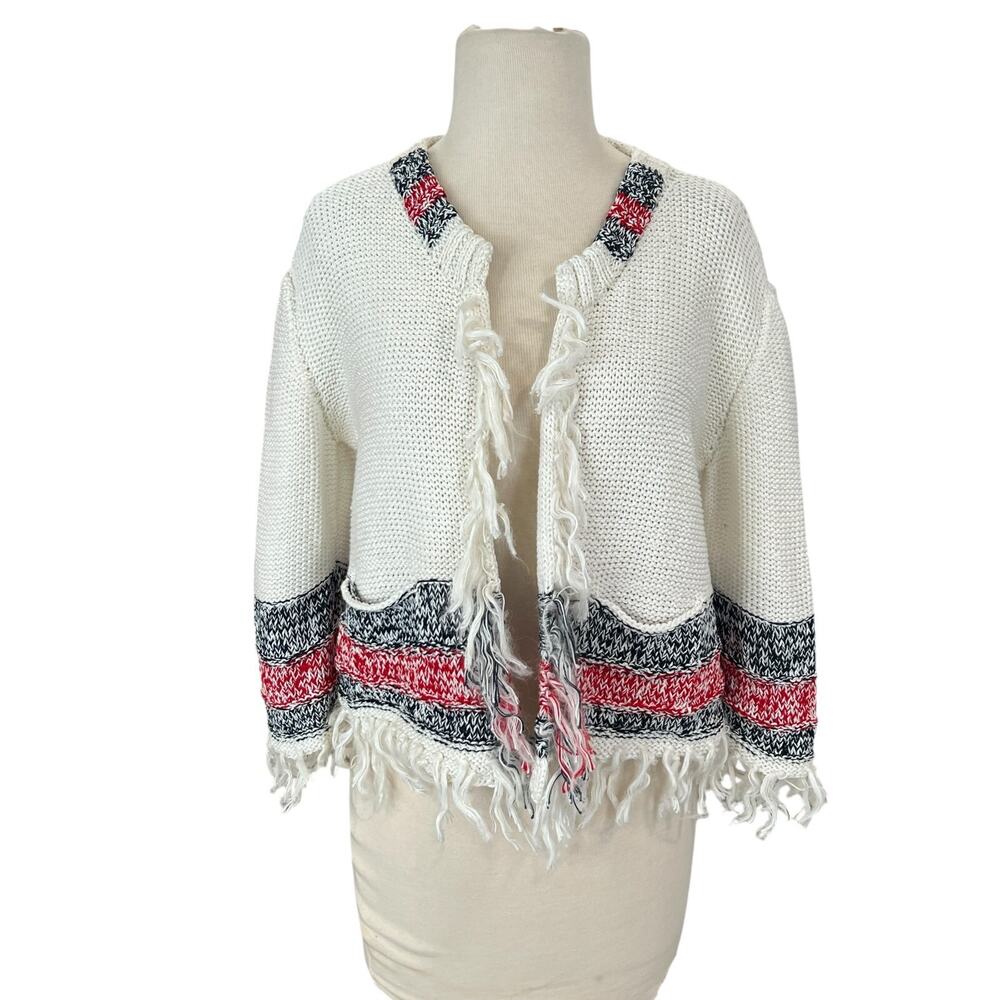 Augden New York White Fringe Knit Open Cardigan Boho Sweater Pocket XS Blue Red